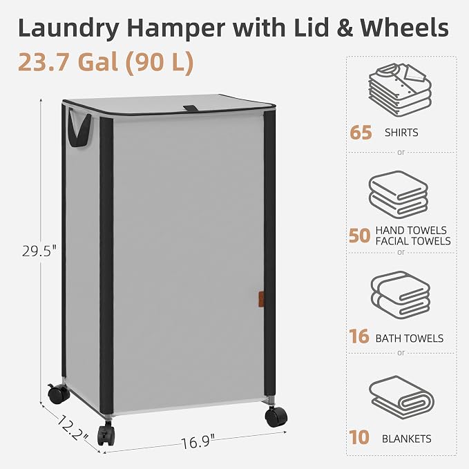 STORAGE MANIAC Rolling Laundry Hamper with Lid, 23.7 Gal (90 L) Large Tall Laundry Basket with Wheels & Handles, Aesthetic Dirty Clothes Hamper for Small Space, Dorm, Apartment, College, Gray - Image 4