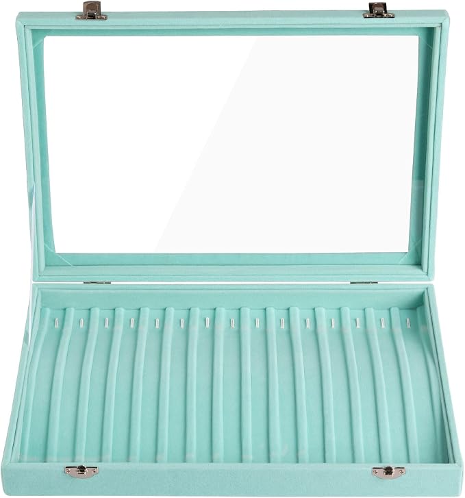 Frebeauty 15 Hooks Necklace Tray Velvet Neckalce Organizer with Clear Lid Lockable Necklace Holder Box Jewelry Organizer for Pendants Chains Necklace Jeweley Tray for Women Girls(Turquoise) - Image 4