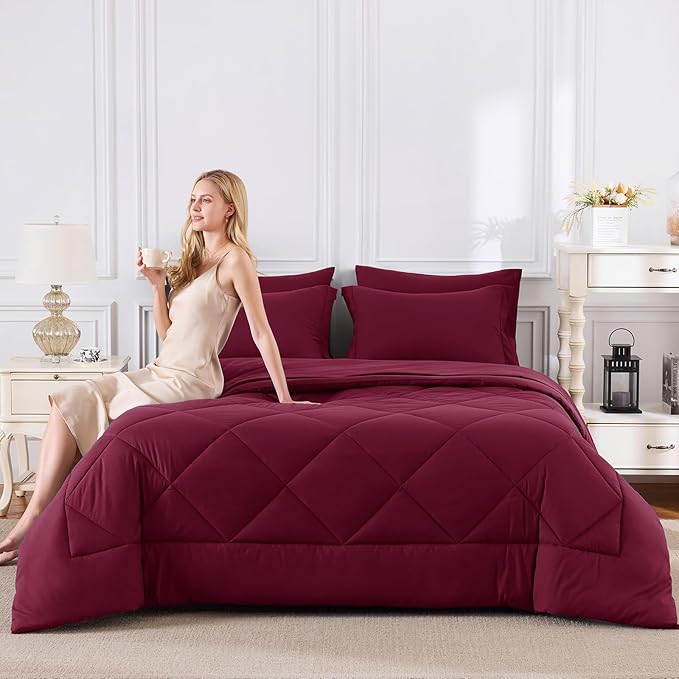CozyLux Full Size Comforter Sets Burgundy - 7 Pieces Bed in a Bag Full, Luxury Soft Bed Set for All Seasons, Bedding Set with Down Alternative Comforter, Sheets, Pillowcases & Shams, Red