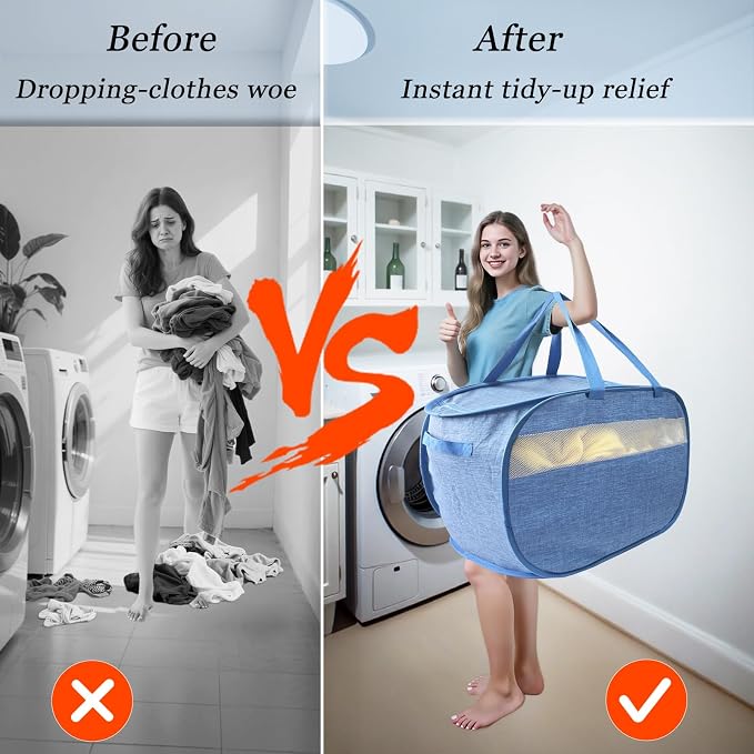 Upgraded 100L Extra Large Mesh Pop Up Laundry Hamper with Lid and Handles. XL Closet Storage Bins, Dirty Clothes Basket for Dorm Home, Foldable Laundry Basket. Blue. H - Image 7