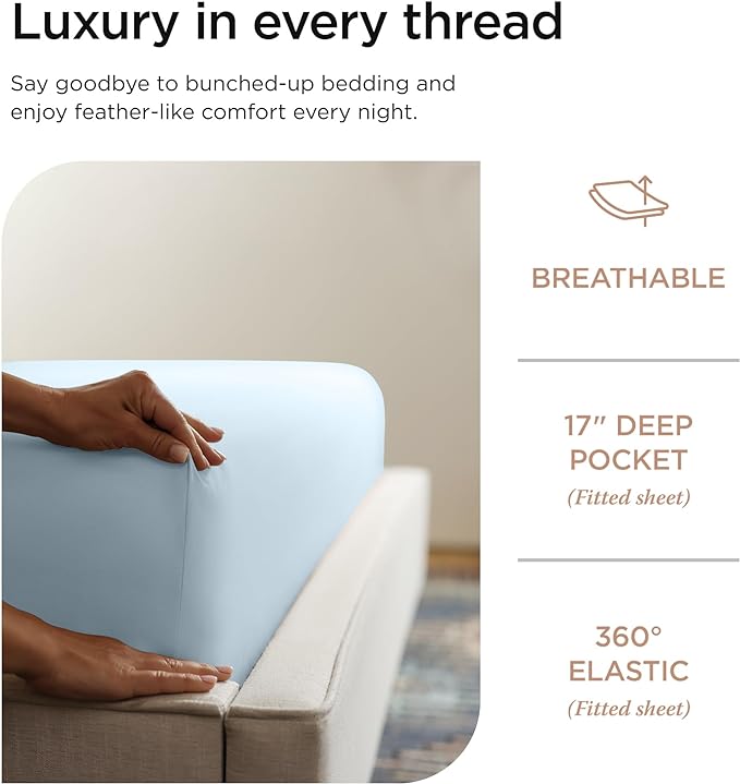 Threadmill Supima Cotton Queen Sheet Set, 1000 Thread Count Queen Sheets for Queen Mattresses, 4 Piece American Luxury Bed Sheets, Sateen Hotel Quality Sheets with Elasticized Deep Pocket, Light Blue