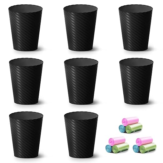 Bathroom Trash Can, 8 Pack 1.8 Gallons Small Trash Can with Trash Bags, Bathroom Garbage Can, Plastic Trash Bin, Round Waste Basket for Living Room, Bedroom, Office, Kitchen, Compact Space (Black) by Lysam