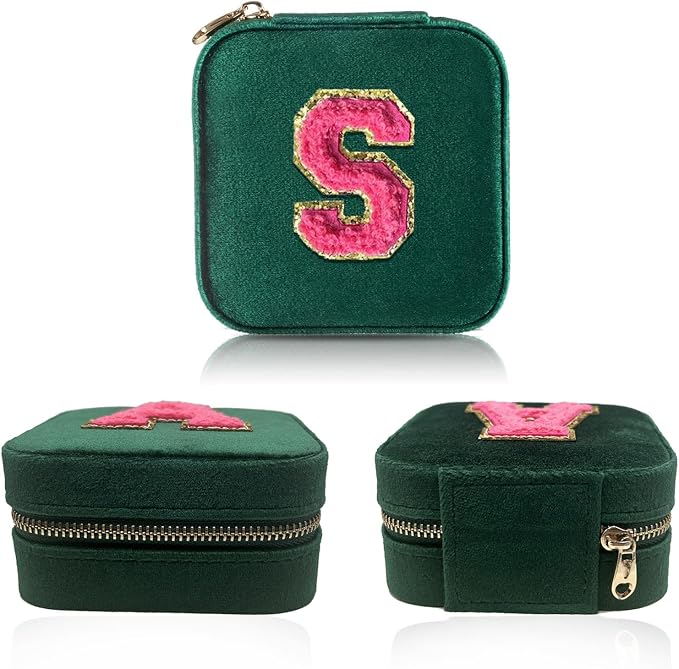 Personalized Velvet Travel Jewelry Case Box For Women Ring Necklace Earring Holder Organizer with Mirror Green Girls Box Birthday Gifts Mom Initial S - Image 2