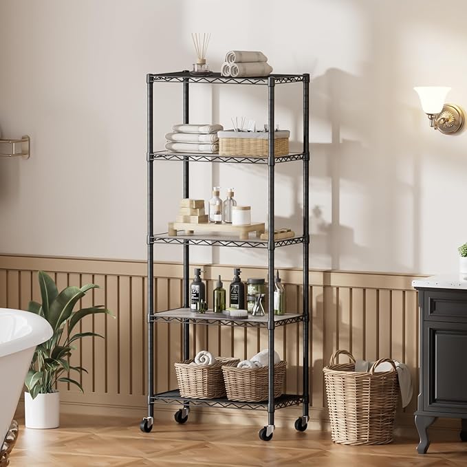 SINGAYE 5 Shelf Storage Wire Shelves Closet Bathroom Organizers Metal Pantry Kitchen Garage Shelving Unit Laundry Room Organization Home Narrow Rack Net Basket with Wheels Black - Image 2