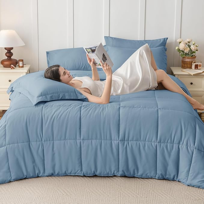 JOLLYVOGUE Twin Comforter Set, Ultra-Soft Bed in a Bag Twin Size 5 Pieces, Oeko-TEX Certified Bedding Set with Down Alternative Comforter, Sheets, Pillowcases & Shams, Dusty Blue