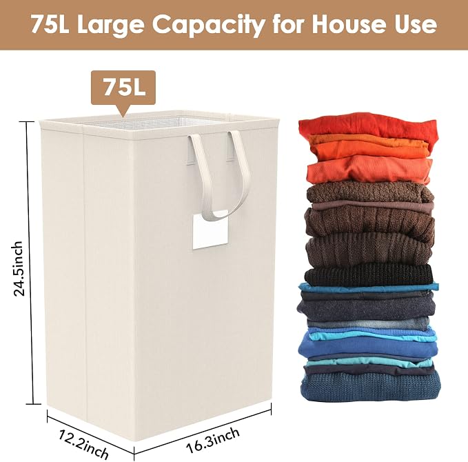 75L Large Laundry Hamper with Handles, Dirty Clothes Hamper for Bedroom Waterproof, Freestanding Tall Laundry Basket Waterproof, Hamper for Bedroom, Bathroom, Dorm, Toys Storage(Ivory） - Image 2