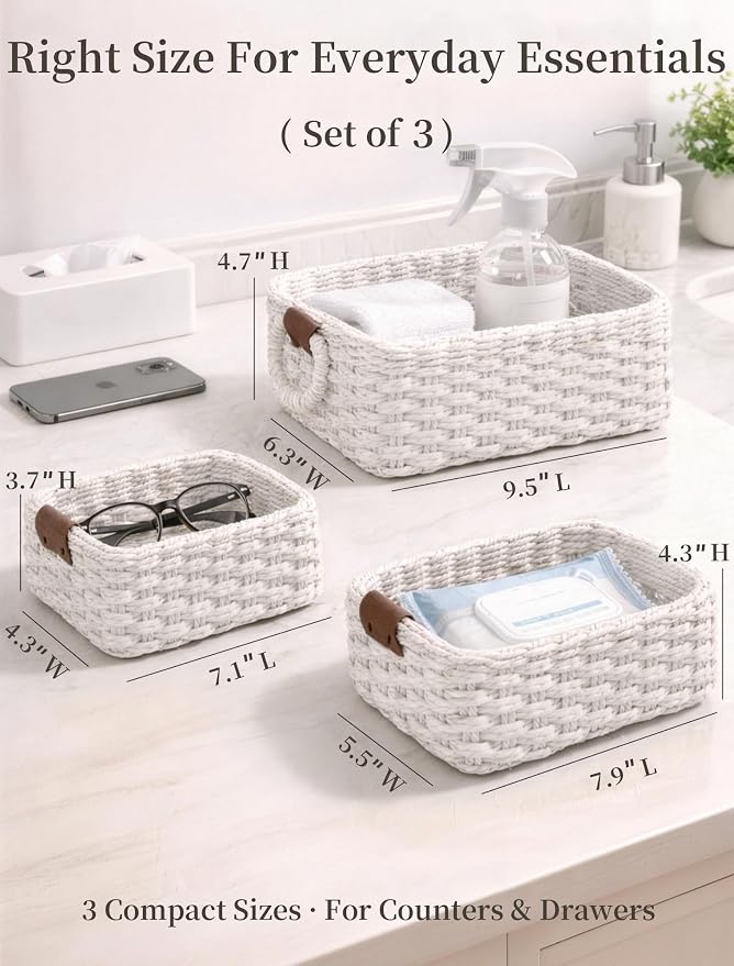 Storage Basket, Recycled Paper Rope Bathroom Basket Organizer, 3Pcs Small Baskets for Organizing, Mini wicker Basket for Decorative Storage Bins, Shelves, Bathroom, Cabinet - White - Image 2