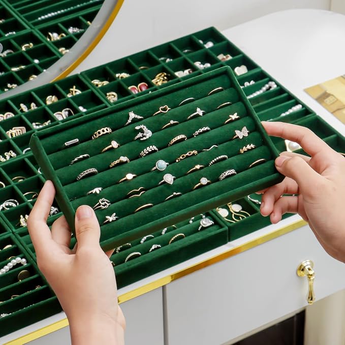 SPAKOWN Jewelry Drawer Organizer Inserts Set of 9, Jewelry Trays for Drawers Velvet Jewelry Organizer Tray Drawer Jewelry Organizers and Storage for Earring Ring Necklace Watch Bracelet (Green) - Image 5