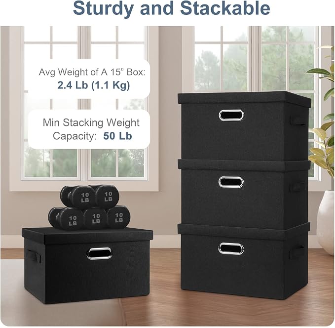 Graciadeco Medium 15" 21 Quart Collapsible Stackable Storage Bins with Lids, 5 Packs Black Foldable Fabric Closet Storage Boxes with Lids, Lidded Heavy-duty Linen Baskets(15x11x8) - Image 4