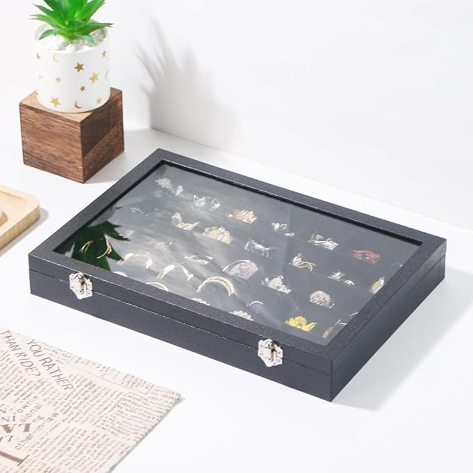 Coward Ring Earring Jewelry Organizer Box, 35 Grids Dustproof Display Holder Case, Black Velvet Jewelry Bead Display Tray Case with Transparent Glass Lid for Momen Girls - Image 4