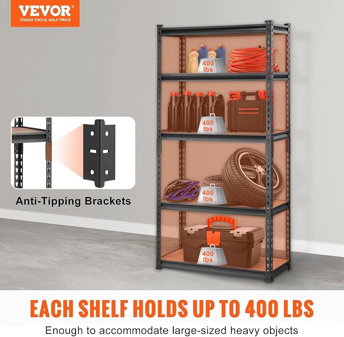 VEVOR Storage Shelving Unit, 5-Tier Adjustable, 2000 lbs Capacity, Heavy Duty Garage Shelves Metal Organizer Utility Rack, Black, 30" L x 12" W x 60" H for Kitchen Pantry Basement Bathroom Laundry - Image 4