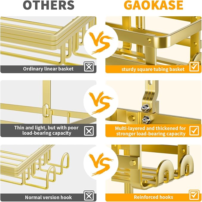 GAOKASE Aluminum Shower Caddy Hanging, Never Rust Shower Organizer- 4 Levels with adjustable Height 10 Hooks for Razor/Sponge - Rack with Soap Basket (Gold) - Image 3