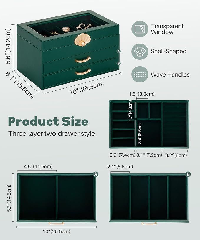 Enthralite Jewelry Box with 2 Drawers: Display Organizer for Earrings Necklaces - Christmas Gifts for Girls Women (Forest Green) - Image 7