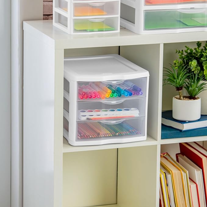 Sterilite 4-Pack 3 Drawer Unit, Stackable Plastic Organizer with Drawers, White Frame - Multi-Purpose Countertop Storage Containers for Office Supplies, Craft Rooms, Classrooms and Home Organization - Image 8
