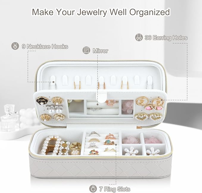 DesignSter Travel Jewelry Case, Woven Embossed PU Leather Jewelry Organizer with Mirror, Small Portable Jewelry Box for Women Rings Necklaces Bracelets Earrings - Image 2