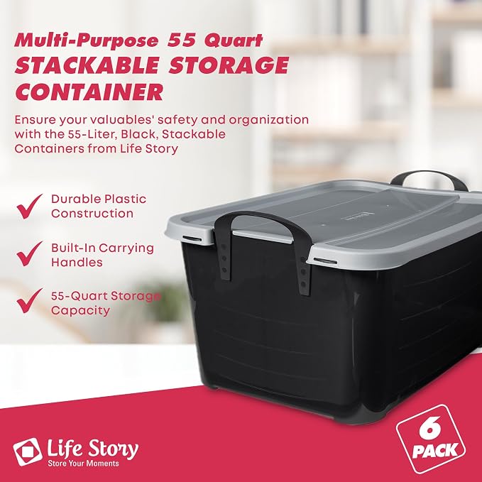 Life Story 6 Pack Heavy Duty Stackable Storage Bin, 55 Quart Home Organizer, Versatile Lightweight Locking Bins with Carrying Handles, Black/Gray - Image 2