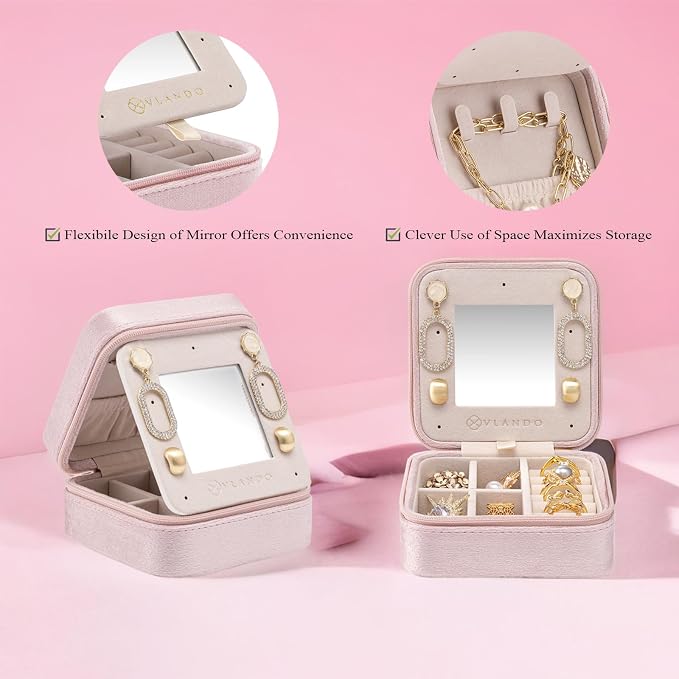 Vlando Small Travel Jewelry Box Organizer Display Case for Rings Earrings Necklaces Storage, Selected Soft Velvet, Letter R Engraved, Pink - Image 4