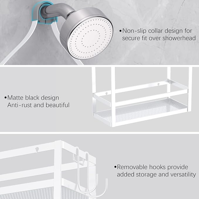 Meangood Shower Caddy 10.4" x 4.5" x 22.04" Hanging Shower Caddy Organizer Over Shower Head Big Capacity for Shampoo, Conditioner with Hooks for Razor/Sponge, White - Image 4