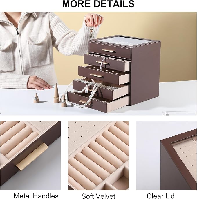 Frebeauty Clear Lid Jewelry Box,5-Layer Jewelry Organizer with Drawer,PU Leather Jewelry Organizers and Storage,Jewelry Boxes for Women,Jewelry Storage for Rings Earring Stud,Gift for Women(Brown) - Image 5