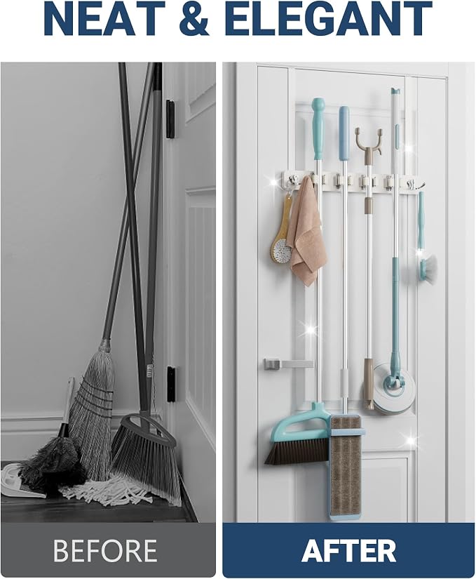 Lorbro Broom Holder Door Mount, Over the Door Broom and Mop Holder with 2 Over Door Hooks, Wood Broom Hanger, Tool Rack Organizer for Laundry, Garage, Closet, Kitchen Decor, 4 Slots & 4 Hooks Rustic - Image 4
