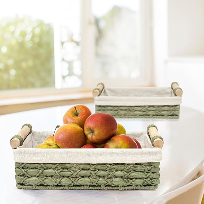Storage Basket Wicker Baskets for Organizing with Handle Decorative Storage Bins for Countertop Toilet Paper Storage Basket for Toilet Tank Top Small Baskets Set (Set of 2,Green) - Image 2