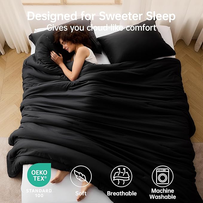 MUXHOMO Black Full Comforter Sets, All Season Ultra Soft Down Alternative Bedding - 3 Piece Lightweight Bed Set Includes 1 Comforter (82"x86") and 2 Pillow Shams (20"x26")