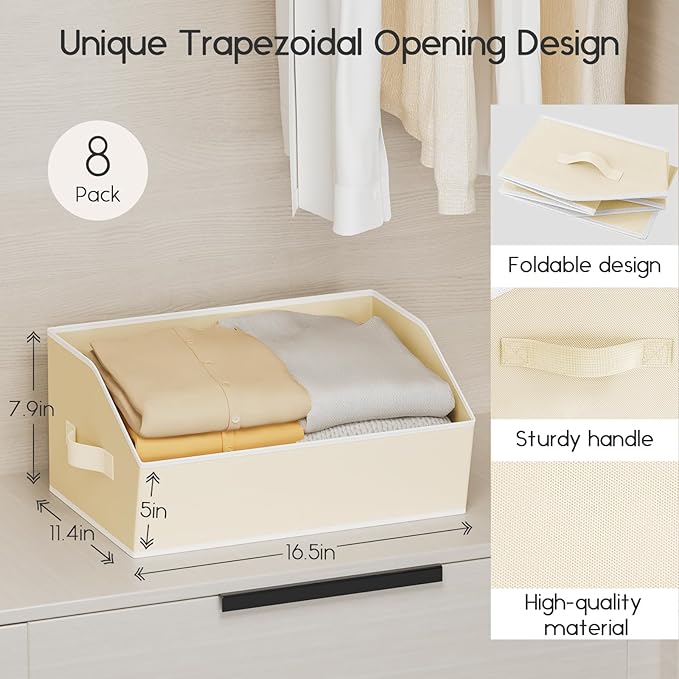 Homsorout Large Closet Organizers and Storage Bins - 8 Pack Trapezoid Storage Baskets for Shelves, Foldable Fabric Baskets with Handles Ideal for Closet, Basket, Wardrobe and Shelf Storage, Beige - Image 2