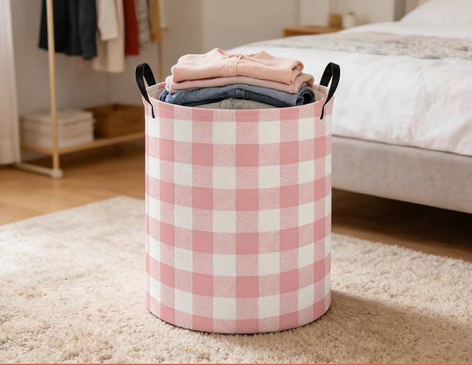 Kids Laundry Basket Pink Hamper for Nursery Girls Hamper Cute Kids Storage Bin Organizer Room Decor for Home(Pink Grid) - Image 5