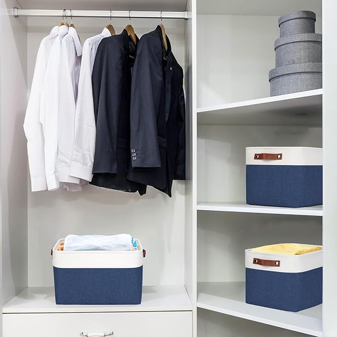 Bagnizer Storage Bins Large Fabric Storage Baskets for Shelves 3 Pack, Decorative Linen Closet Baskets with Handles for Organizing, Shelf, Clothes, Home, Office, 15x11x9.5Inches (NavyBlue&White) - Image 2