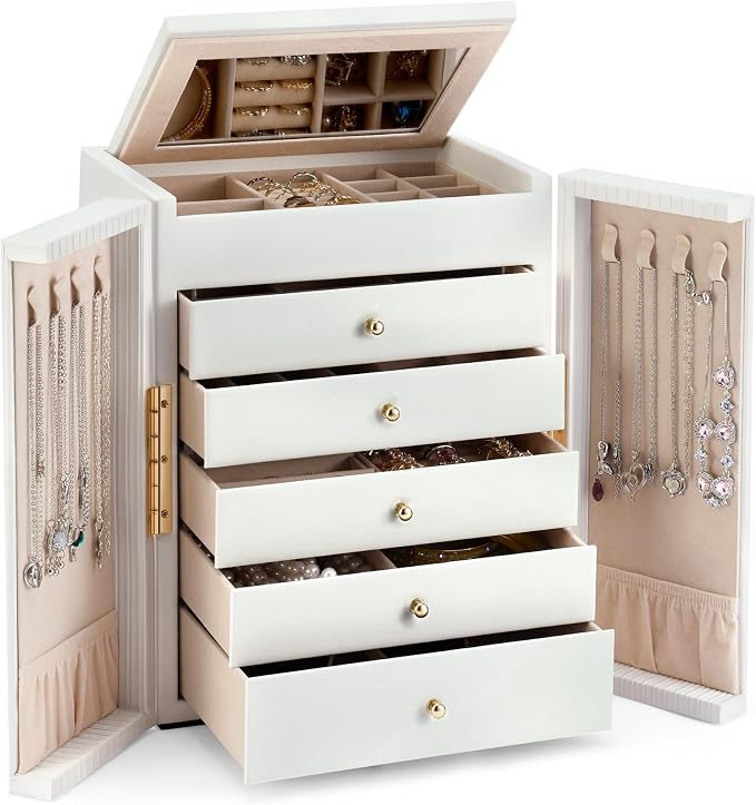 Dajasan Large Jewelry Organizer Box, Jewelry Boxes for Women Girls, 6-Tier Jewelry Storage Organizer with Mirror for Necklace Ring Bracelet Watch, Gift Idea (White) by DAJASAN