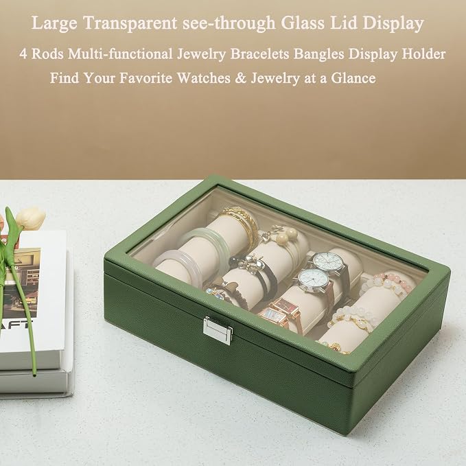 Bracelets Organizer Rods Bangles Display Holder, Clear See through Lid Leather Velvet Jewelry Storage Box Case for Women, 4 Rods Green Leather - Image 7