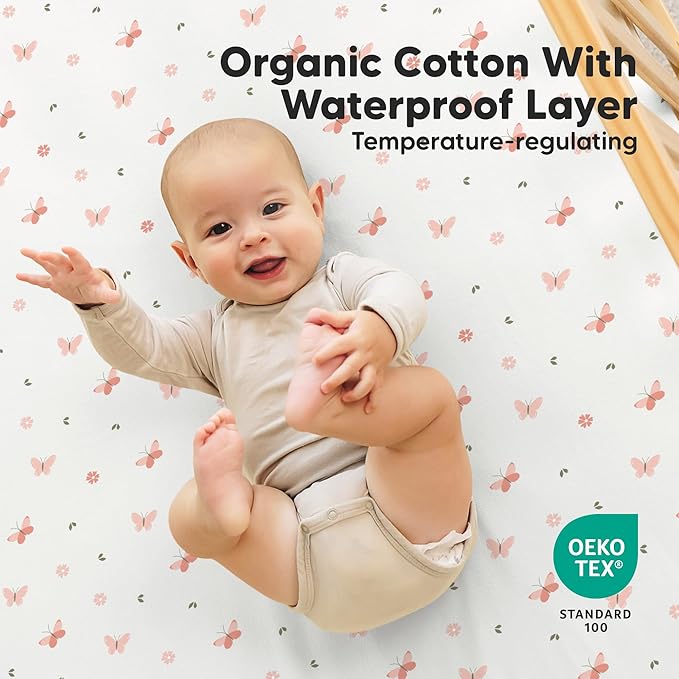 2-Pack Waterproof Crib Sheets for Boys, Girls - 52x28 Fitted Organic Cotton Baby Crib Sheets, Toddler Mattress Protector Cover, Washable, Soft & Durable Baby Bedding Essentials (Butterflies)