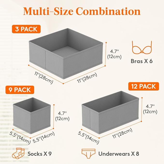Lifewit Drawer Organizer Clothes for Closet 24 Pack, 3 Sizes Underwear Wardrobe Drawer Dividers, Fabric Foldable Dresser Storage Organizer Bins for Sock, Bra, Lingerie, Undies, Grey - Image 2