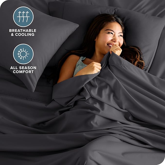 Bare Home Short Queen Sheet Set - 1800 Ultra-Soft Microfiber Bed Sheets - Double Brushed - Deep Pockets - Easy Fit - 4 Piece Set - Bedding Sheets & Pillowcases (Short Queen, Forged Iron Grey)
