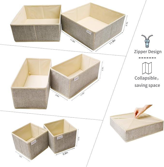 Criusia Underwear Drawer Organizer, 6 Set Foldable Underwear Drawer Organizer and Closet Dividers,Storage Box for Clothes, Socks, Underwear (6 Bins, Beige) - Image 2