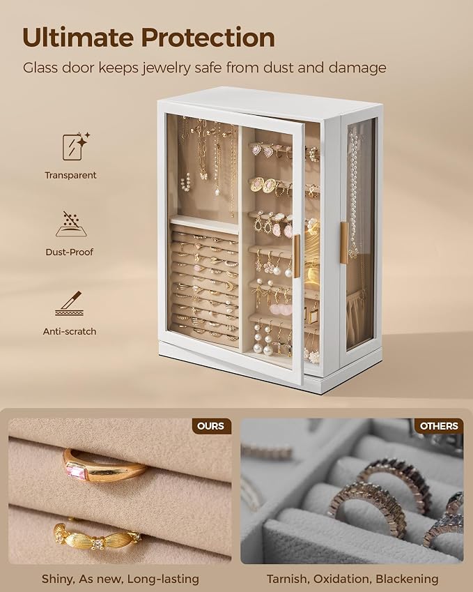 Glimmloop 360° Rotating Jewelry Box with 9 Drawers, Spacious Vertical Jewelry Organizer with Glass Window, Jewelry Storage Case, Dustproof & Moisture-resistant Design, White - Image 3