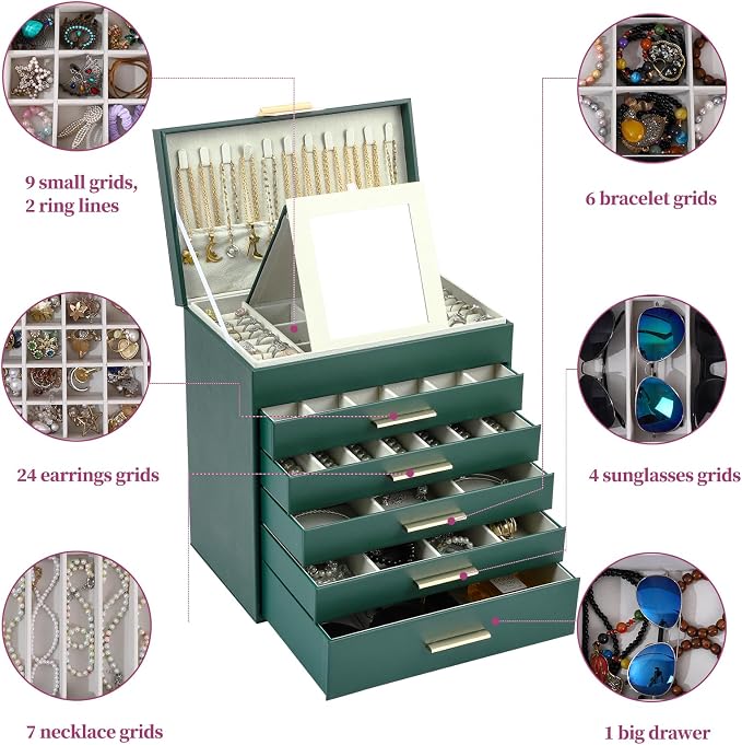 BOOVO Jewelry Boxes for Women, White and Black 6 Layer Large Jewelry Box for Necklace, Bracelet, Earrings, Rings Storage, Jewelry holder Organizer for Girls Gift (Green and Gold, 6 layer) - Image 5