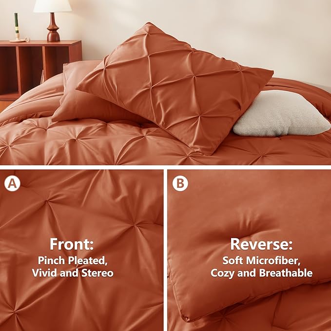 CozyLux King Size Comforter Set Burnt Orange, 7 Pieces Bed in A Bag Terracotta Comforter King Size, Pinch Pleat Bedding Set with All Season Comforter, Sheets, Pillowcases & Shams
