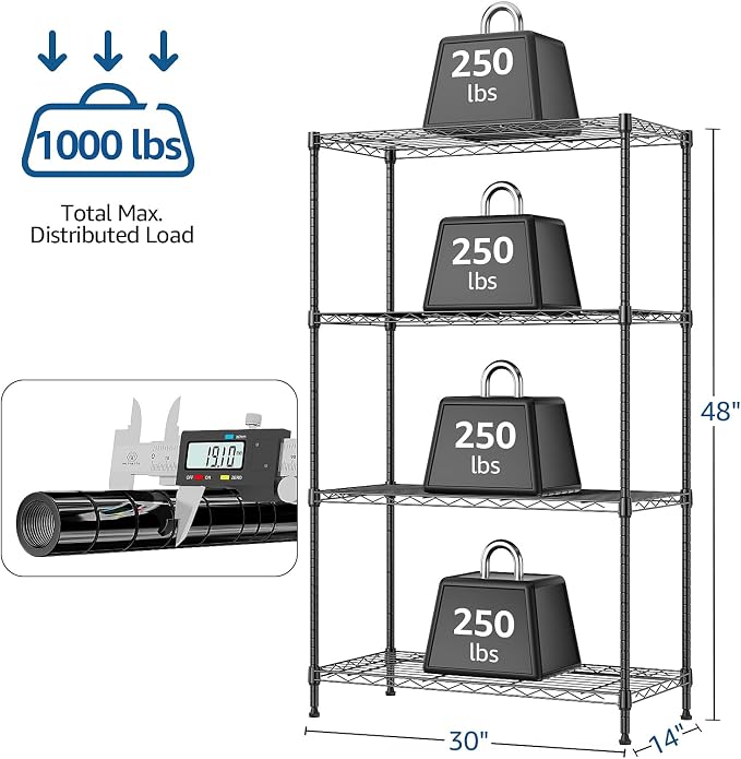 M MZG 1000 lbs 4Tier Shelf Metal Storage Shelves Wire Rack Closet Organizers with Wheel for Garage Kitchen Bathroom Laundry Black 13.7" D x 29.5" W x 47.2" H - Image 3