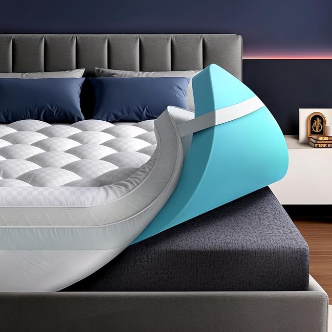5 Inch Mega Support Memory Foam Mattress Topper for Pressure Relief, Dual Layer 2.5" Pillow Top Mattress Topper Plus 2.5" Cooling Gel Infused Memory Foam Mattress Pad (Queen)