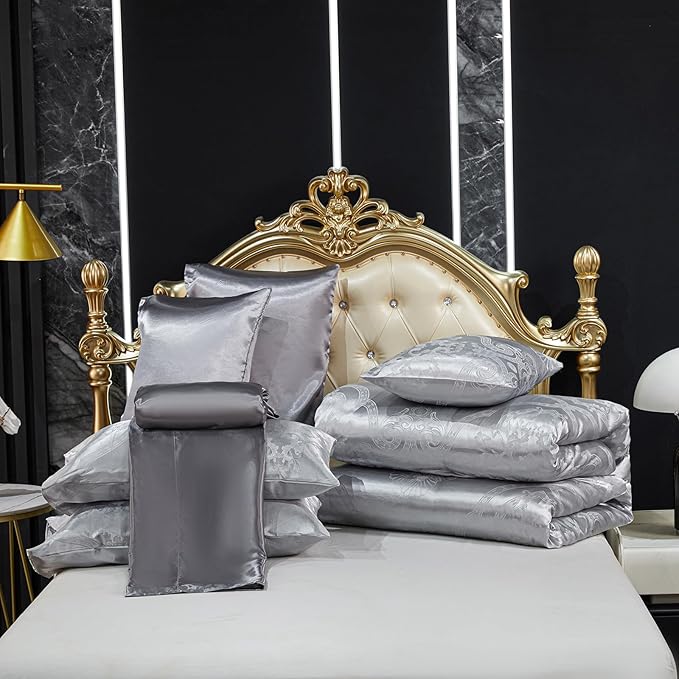 Grey King Comforter Set Jacquard Bedding Set 8 Pcs Satin Sheet Set Vintage Neoclassical Floral Elegant Bed Home Decor Soft Down Comforter Luxury Hotel Silky Bed in a Bag with 1 Cushion Cover