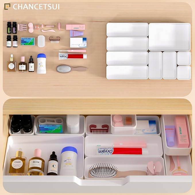 9 Pcs Stackable Drawer Organizer Trays Set, Multifunctional Stackable Storage Trays for Vanity, Bathroom, Kitchen, Desk Drawer Organizer Office. Plastic Drawer Organizers Available In 5 Colours, White - Image 4