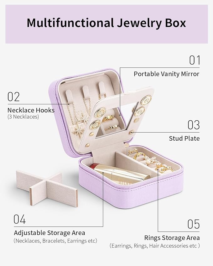 VLANDO Small Travel Jewelry Box Organizer - Girls Women Gift Rings Earrings Necklaces Jewelry Storage Display Case with Mirror Purple - Image 4