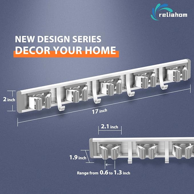 reliahom Broom Holder Wall Mount, 2 Pack 5 Racks with 4 Hooks Silver - Mop Storage Tool Racks, Broom Hanger Tool Organizer for Garage, Kitchen, Garden, Laundry Room - Image 6