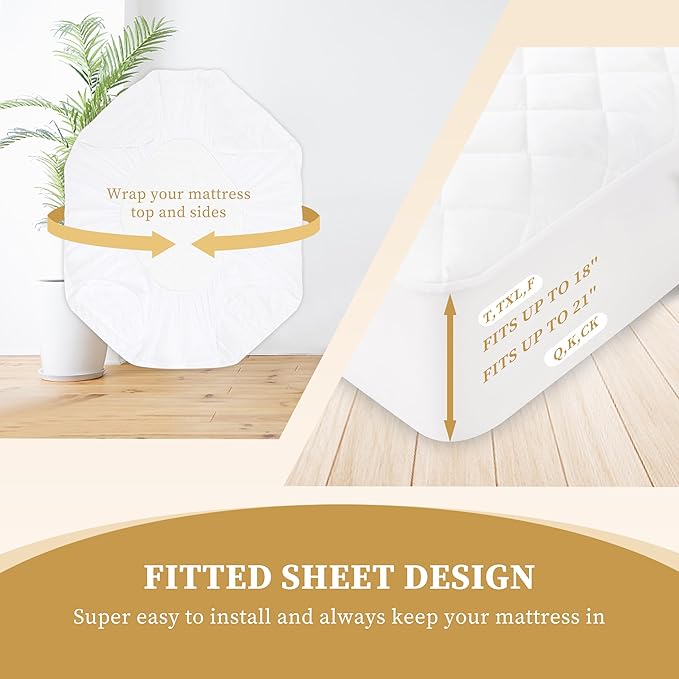Quilted Fitted Twin XL Mattress Pad Cover, Waterproof Mattress Protector, Deep Pocket Elastic Fits Up to 18'', Breathable Soft Alternative Filling Mattress Pad