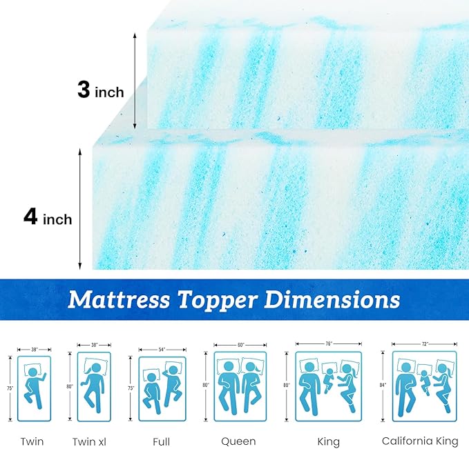 Mattress Toppers Memory Foam Cooling Gel Infused for Enhanced Comfort, CertiPUR-US Certified Breathable Bed Topper Pad with Support for Sleeper Sofa Couch RV Camper, Queen, 3 Inch
