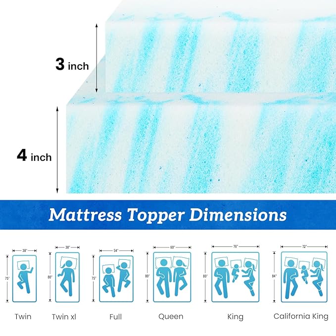 Sweetcrispy Memory Foam Mattress Topper California King, 4 Inch Thick Gel Infused Cooling Toppers Pad for Bed, Sleeper Sofa, RV, Camper, CertiPUR US Certified, Ventilated and Breathable