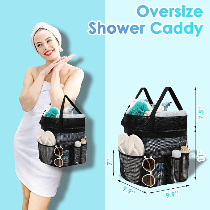 Fammart Mesh Shower Caddy Portable with Drawstring, Dorm Room Essentials for College Girls Guys, 8-Pocket Extra Large Shower Bag Basket Tote for Camping Beach Gym Travel Toiletry Bathroom - Image 2