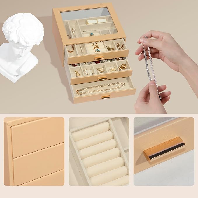 Jewelry Box with Glass Lid, 3-Layer Jewelry Organizer for Women Girls, PU Leather Display Case with 20-Grid Earring Tray & Movable Dividers for Necklaces Rings,Camel - Image 6