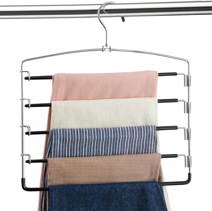 FeeraHozer Pants Hangers Non Slip 3 Pack Space Saving Hangers Multi-Layer Swing Arm Pants Hanger Stainless Steel Space Saver Hanger Closet Storage Organizer for Jeans Trouser Slacks Clothes (Black) by Feerahozer